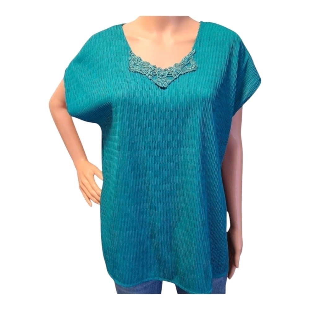 Wmns Vtg XL Apparenza Short Sleeve Blouse Teal Crochet Detail Soft & Stretchy